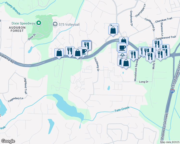 map of restaurants, bars, coffee shops, grocery stores, and more near 354 Hayden Circle in Woodstock