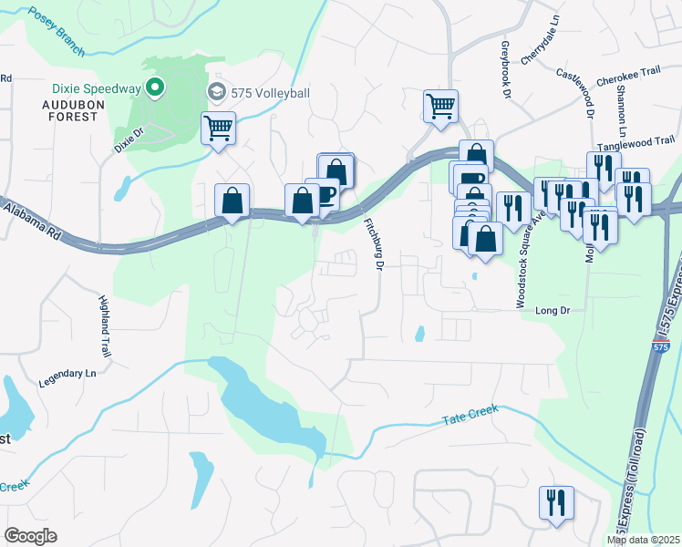 map of restaurants, bars, coffee shops, grocery stores, and more near 360 Hayden Circle in Woodstock
