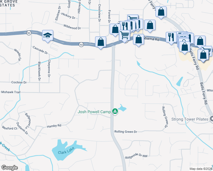 map of restaurants, bars, coffee shops, grocery stores, and more near 5359 Wade Green Road in Acworth