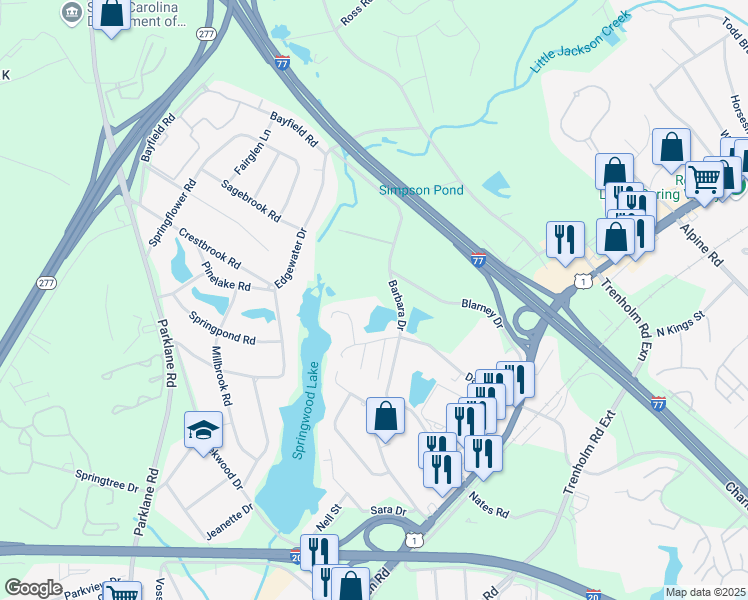 map of restaurants, bars, coffee shops, grocery stores, and more near 1751 Barbara Drive in Columbia