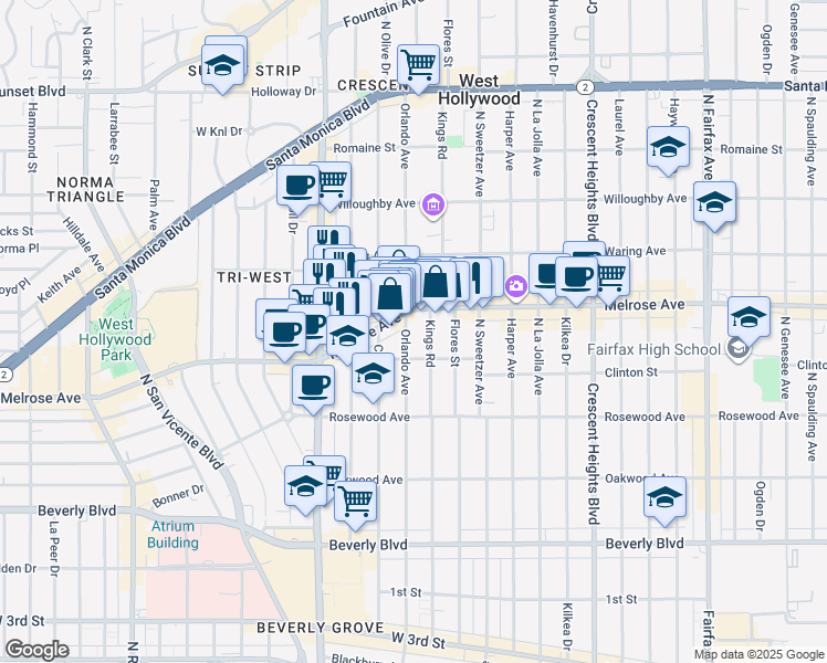 map of restaurants, bars, coffee shops, grocery stores, and more near in Los Angeles
