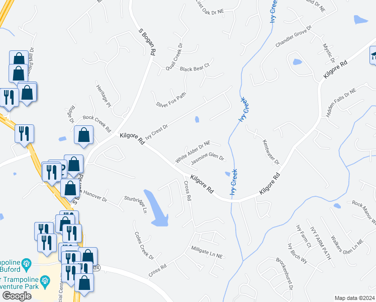 map of restaurants, bars, coffee shops, grocery stores, and more near 2268 White Alder Drive Northeast in Buford