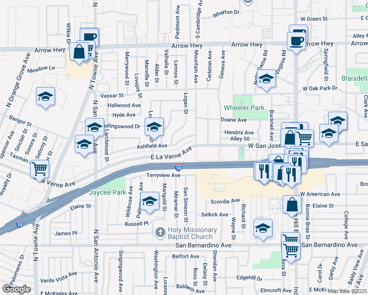 map of restaurants, bars, coffee shops, grocery stores, and more near 1159 East La Verne Avenue in Pomona