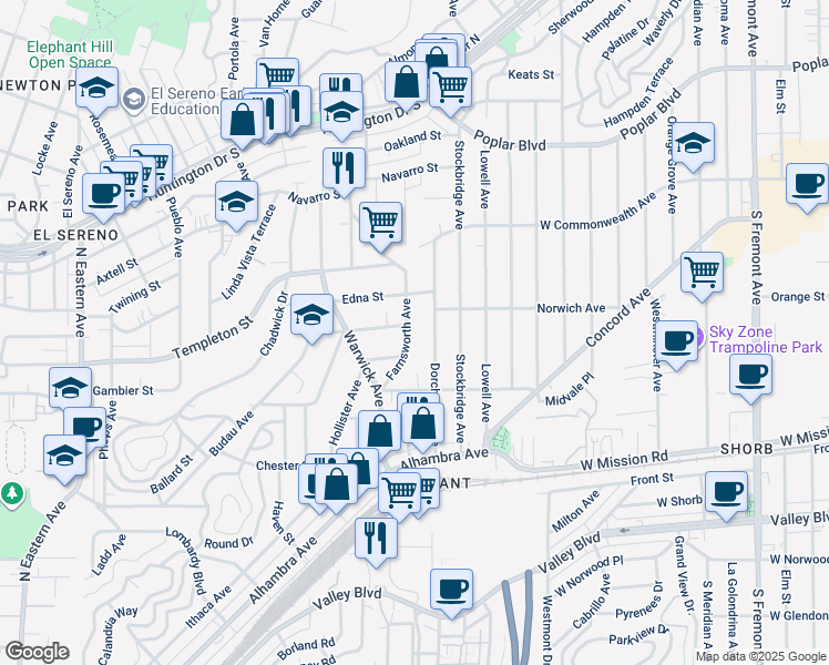 map of restaurants, bars, coffee shops, grocery stores, and more near 3172 Farnsworth Avenue in Los Angeles