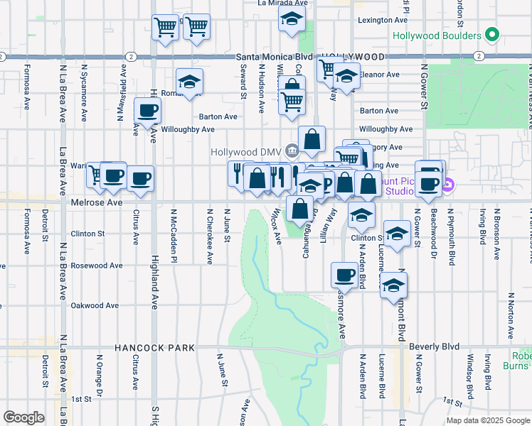 map of restaurants, bars, coffee shops, grocery stores, and more near 645 Wilcox Avenue in Los Angeles
