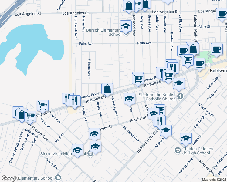map of restaurants, bars, coffee shops, grocery stores, and more near 13644 Ramona Parkway in Baldwin Park