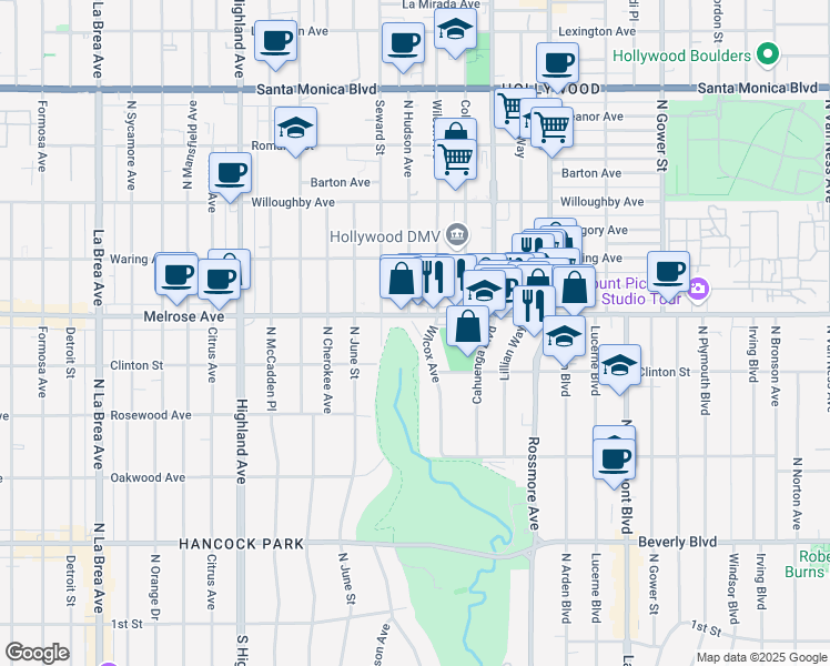 map of restaurants, bars, coffee shops, grocery stores, and more near 645 Wilcox Avenue in Los Angeles