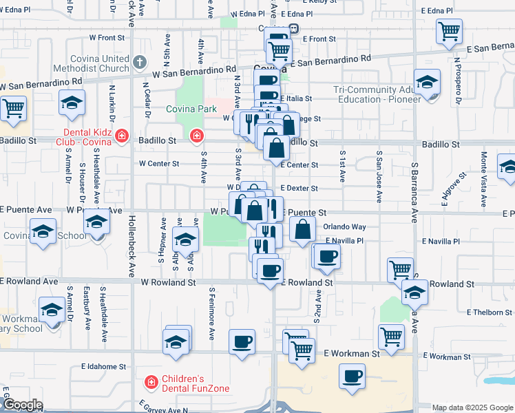 map of restaurants, bars, coffee shops, grocery stores, and more near 152 West Puente Street in Covina