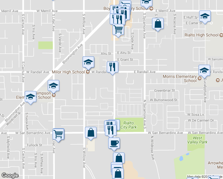 map of restaurants, bars, coffee shops, grocery stores, and more near 1012 South Riverside Avenue in Rialto