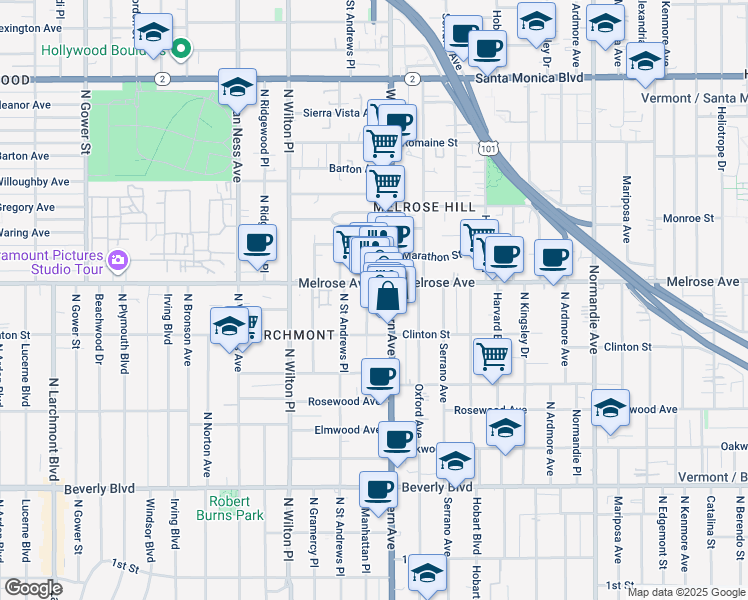 map of restaurants, bars, coffee shops, grocery stores, and more near 644 North Manhattan Place in Los Angeles