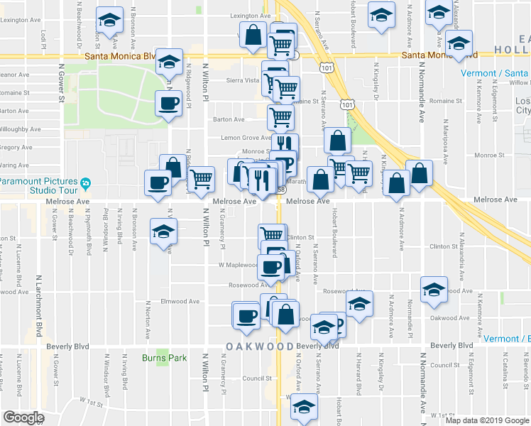 map of restaurants, bars, coffee shops, grocery stores, and more near 644 North Manhattan Place in Los Angeles
