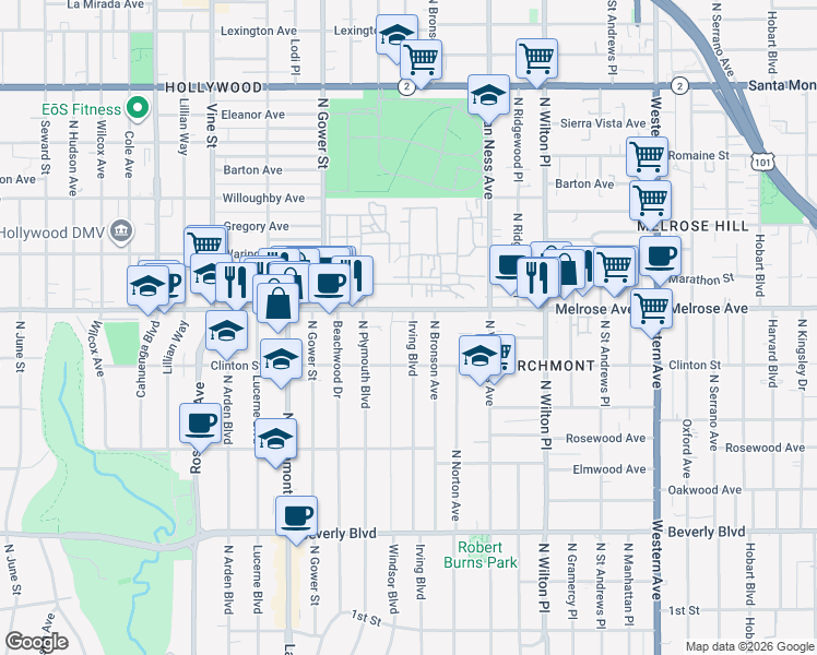 map of restaurants, bars, coffee shops, grocery stores, and more near 641 North Irving Boulevard in Los Angeles