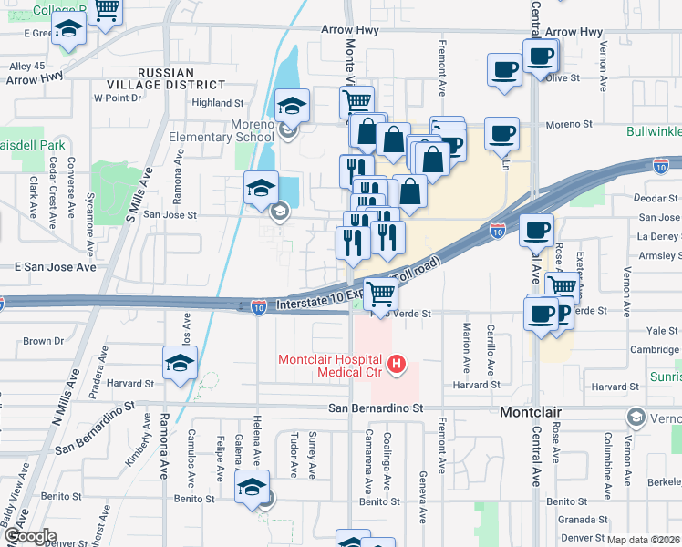 map of restaurants, bars, coffee shops, grocery stores, and more near 9405 Mesa Verde Drive in Montclair