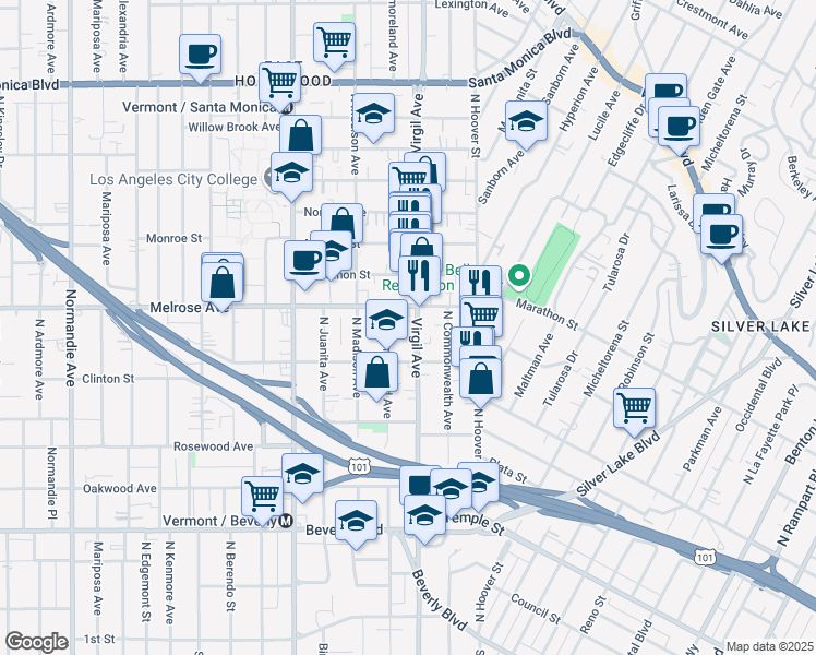 map of restaurants, bars, coffee shops, grocery stores, and more near 635 North Virgil Avenue in Los Angeles