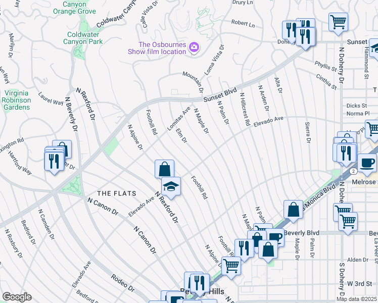map of restaurants, bars, coffee shops, grocery stores, and more near 709 North Elm Drive in Beverly Hills