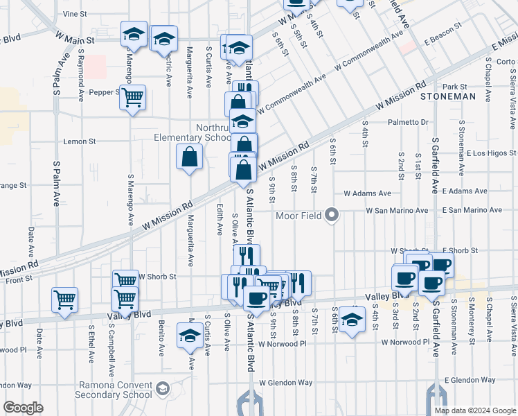 map of restaurants, bars, coffee shops, grocery stores, and more near 820 South Atlantic Boulevard in Alhambra