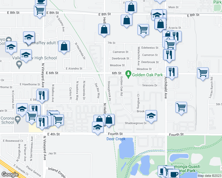 map of restaurants, bars, coffee shops, grocery stores, and more near 9401 Stoneybrock Place in Rancho Cucamonga
