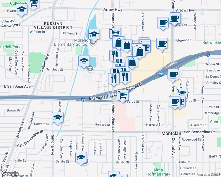 map of restaurants, bars, coffee shops, grocery stores, and more near 9405 Mesa Verde Drive in Montclair