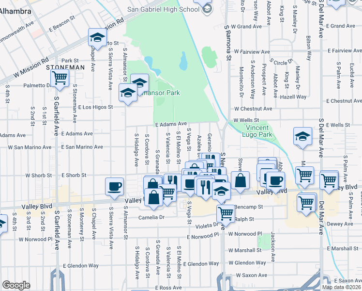 map of restaurants, bars, coffee shops, grocery stores, and more near 1037 South Vega Street in Alhambra