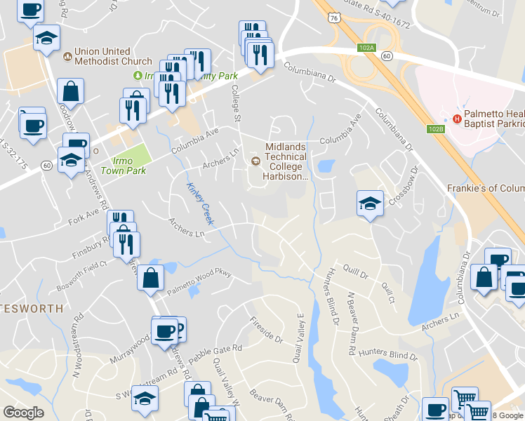 map of restaurants, bars, coffee shops, grocery stores, and more near 405 Timberpoint Court in Columbia