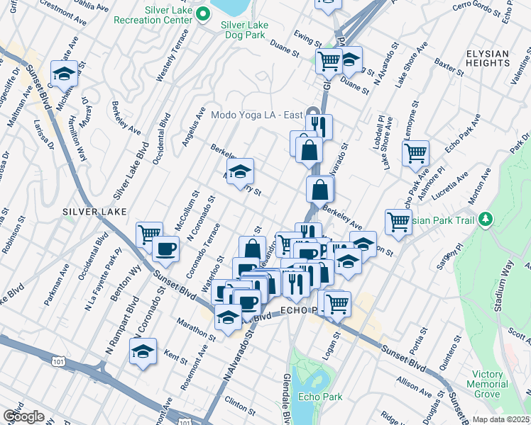 map of restaurants, bars, coffee shops, grocery stores, and more near 2231 Scott Avenue in Los Angeles
