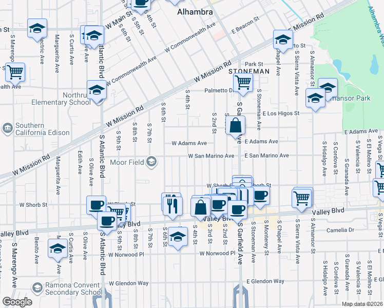 map of restaurants, bars, coffee shops, grocery stores, and more near 301 West San Marino Avenue in Alhambra