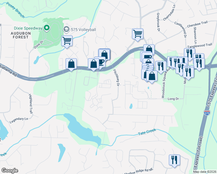 map of restaurants, bars, coffee shops, grocery stores, and more near 350 Hayden Circle in Woodstock