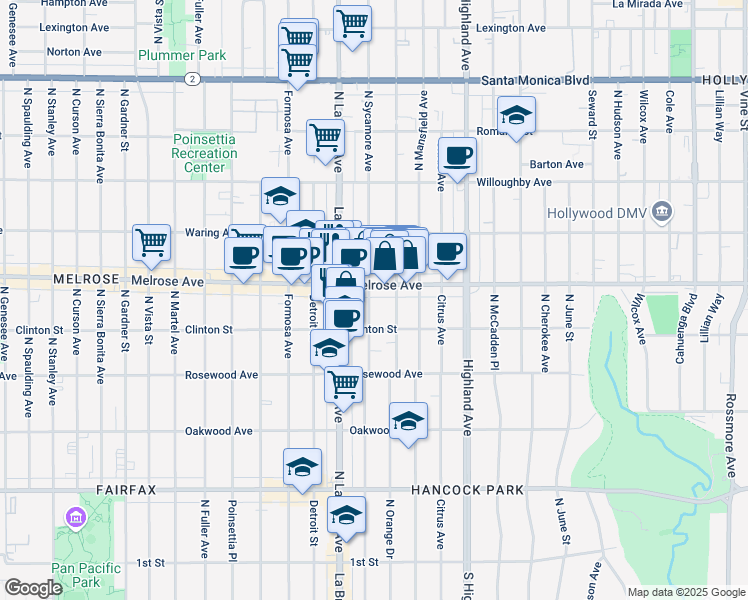 map of restaurants, bars, coffee shops, grocery stores, and more near 636 North Sycamore Avenue in Los Angeles