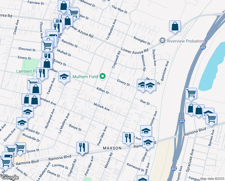 map of restaurants, bars, coffee shops, grocery stores, and more near 12031 Killian Street in El Monte