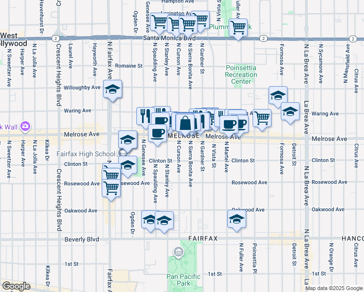 map of restaurants, bars, coffee shops, grocery stores, and more near 636 North Curson Avenue in Los Angeles