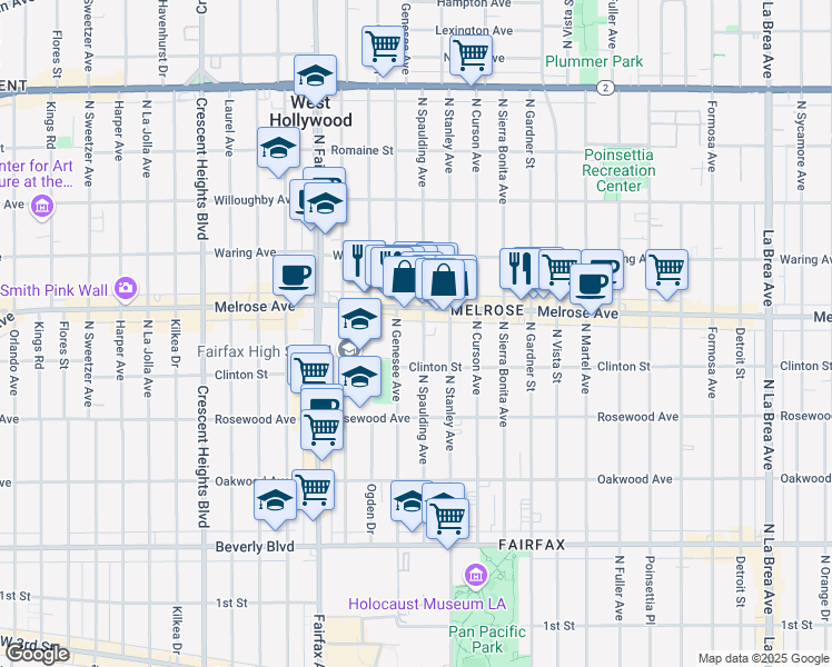 map of restaurants, bars, coffee shops, grocery stores, and more near North Spaulding Avenue in Los Angeles