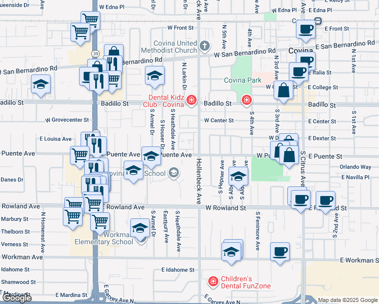 map of restaurants, bars, coffee shops, grocery stores, and more near 511 West Puente Avenue in Covina