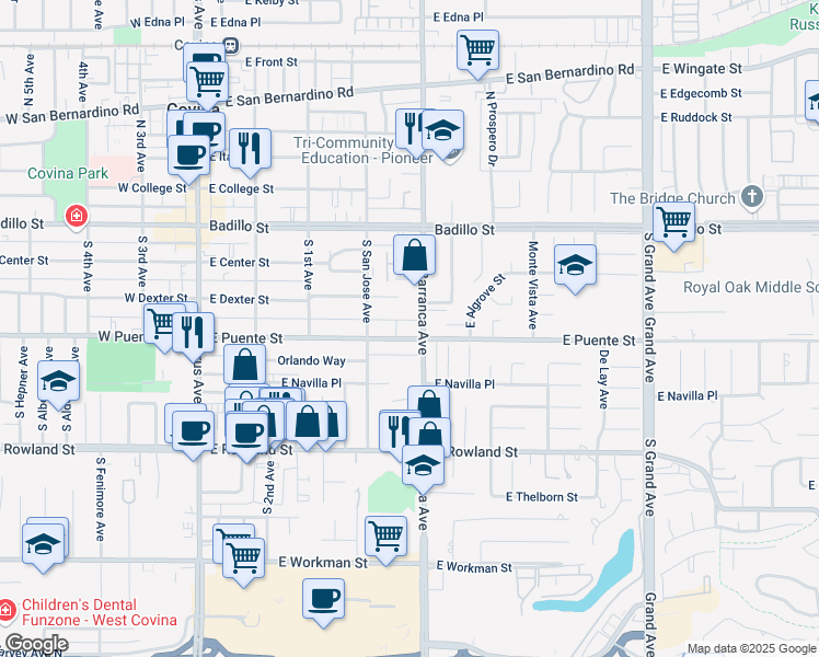 map of restaurants, bars, coffee shops, grocery stores, and more near 457 East Puente Street in Covina
