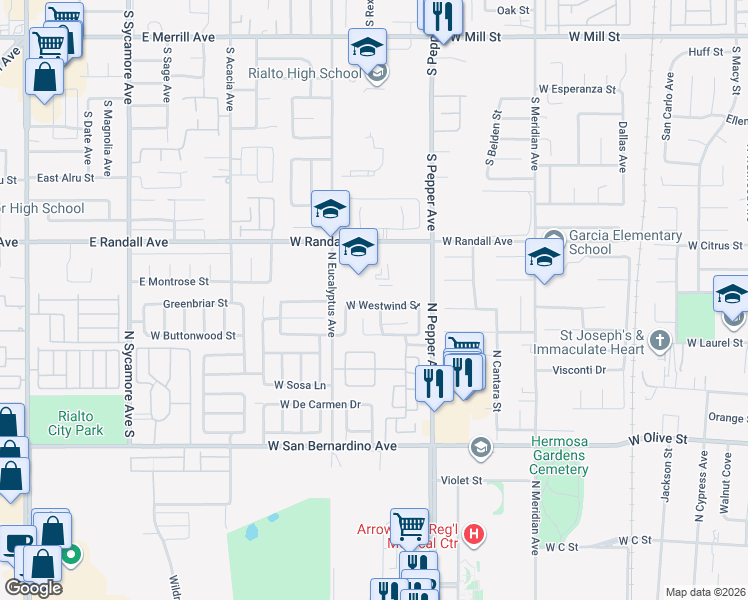 map of restaurants, bars, coffee shops, grocery stores, and more near 1835 West Westwind Street in Colton