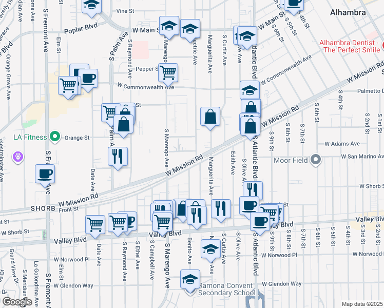 map of restaurants, bars, coffee shops, grocery stores, and more near 705 Electric Avenue in Alhambra