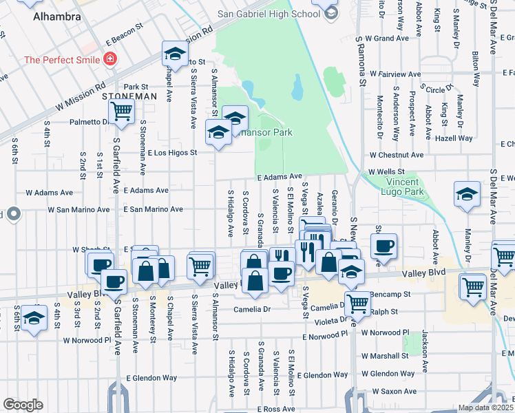 map of restaurants, bars, coffee shops, grocery stores, and more near 1037 South Granada Avenue in Alhambra