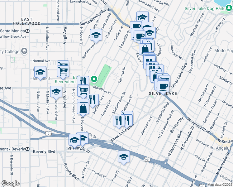 map of restaurants, bars, coffee shops, grocery stores, and more near 806 Tularosa Drive in Los Angeles