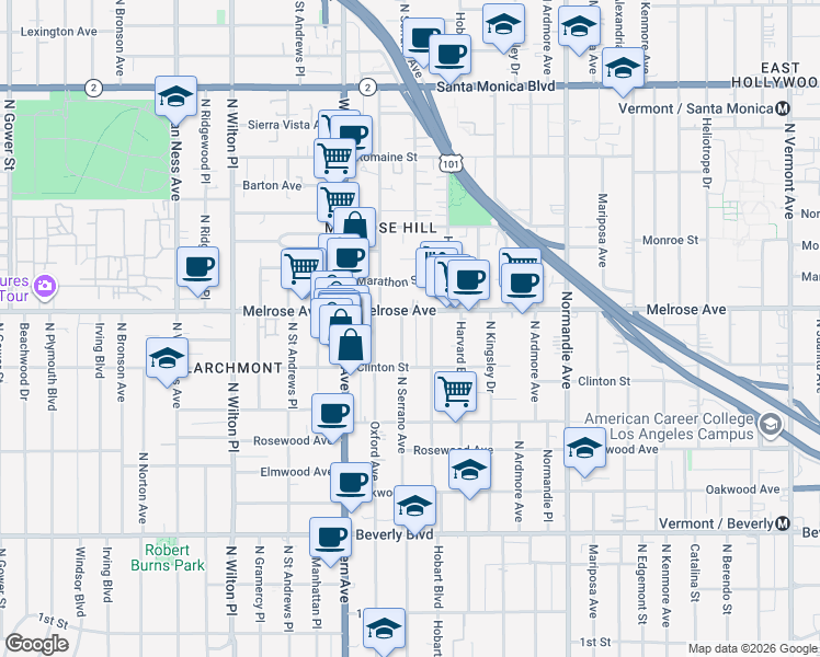 map of restaurants, bars, coffee shops, grocery stores, and more near 648 North Serrano Avenue in Los Angeles