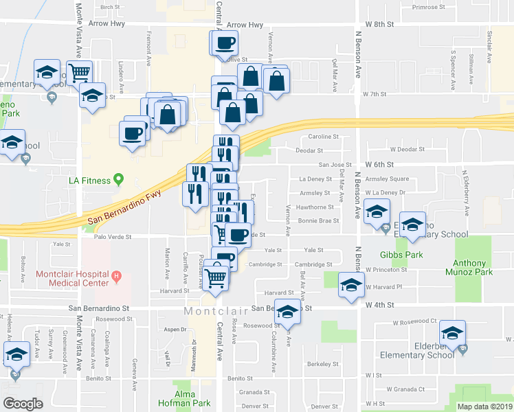 map of restaurants, bars, coffee shops, grocery stores, and more near 9423 Exeter Avenue in Montclair