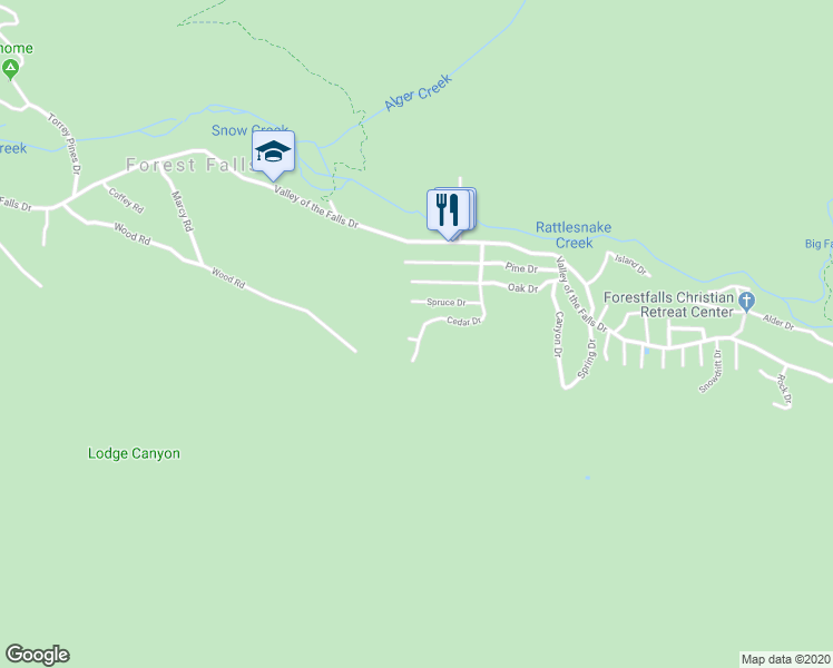 map of restaurants, bars, coffee shops, grocery stores, and more near 9390 Cedar Drive in Forest Falls