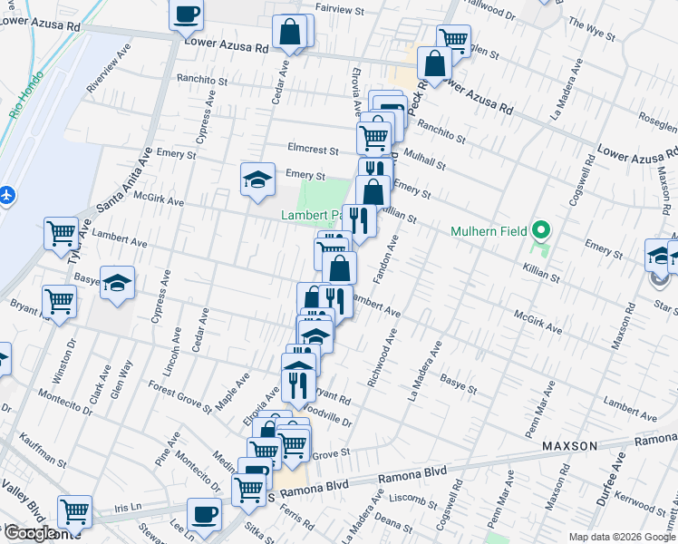 map of restaurants, bars, coffee shops, grocery stores, and more near 4327 Peck Road in El Monte