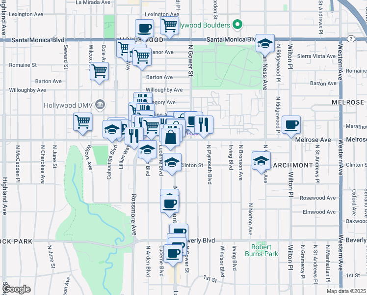 map of restaurants, bars, coffee shops, grocery stores, and more near 643 North Gower Street in Los Angeles