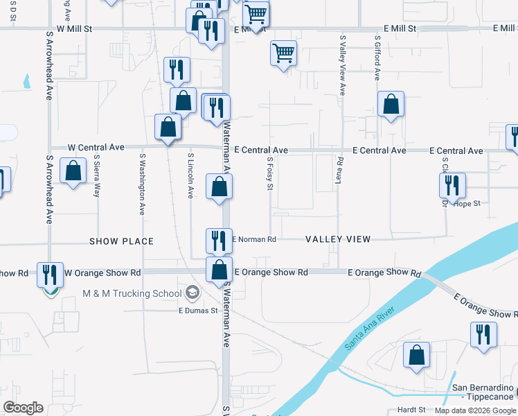map of restaurants, bars, coffee shops, grocery stores, and more near 976 South Foisy Street in San Bernardino