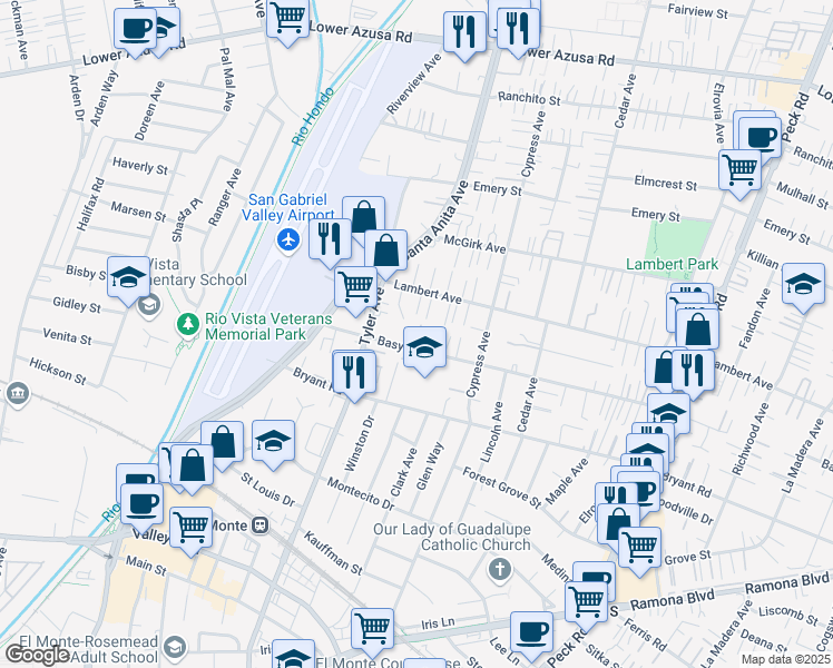 map of restaurants, bars, coffee shops, grocery stores, and more near 11049 Basye Street in El Monte