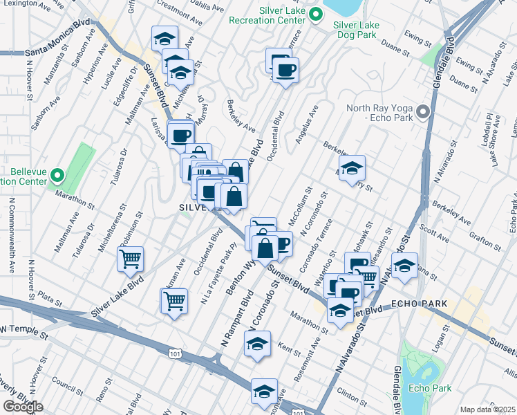 map of restaurants, bars, coffee shops, grocery stores, and more near 1315 Angelus Avenue in Los Angeles
