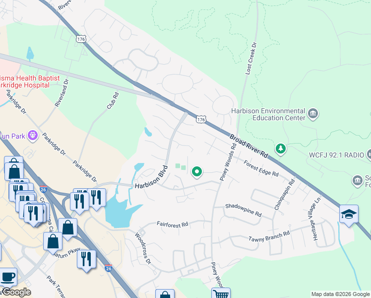 map of restaurants, bars, coffee shops, grocery stores, and more near 19 Eastpine Court in Columbia