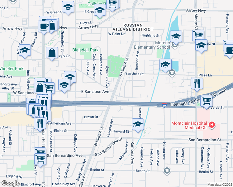 map of restaurants, bars, coffee shops, grocery stores, and more near 9433 South Mills Avenue in Montclair