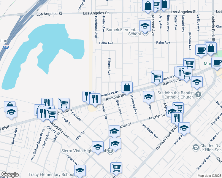 map of restaurants, bars, coffee shops, grocery stores, and more near 3918 Filhurst Avenue in Baldwin Park