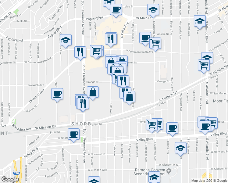 map of restaurants, bars, coffee shops, grocery stores, and more near 700 Date Avenue in Alhambra