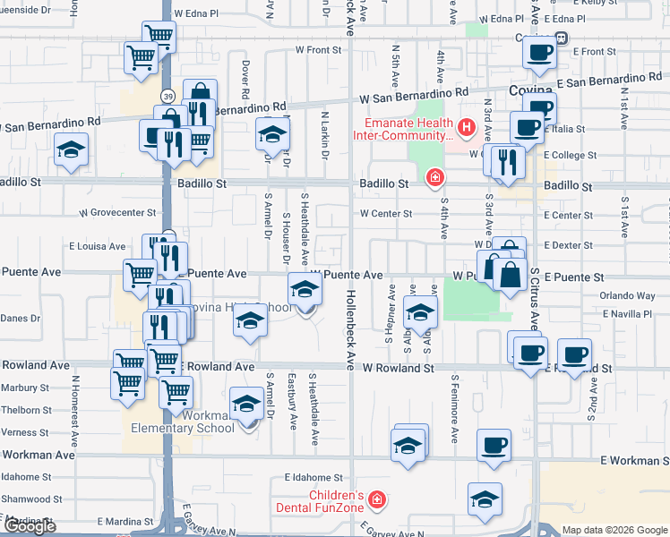 map of restaurants, bars, coffee shops, grocery stores, and more near 511 West Puente Street in Covina